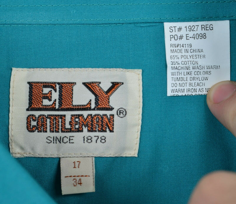 Ely Cattleman Men's 17/34 (XL) Pearl Snap Solid Teal Western Rodeo Shirt