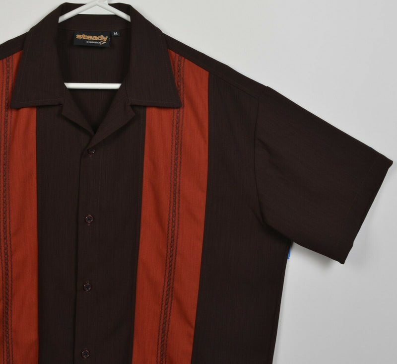 Steady Classics Men's Medium Panel Bowling Retro Brown Orange Striped Camp Shirt