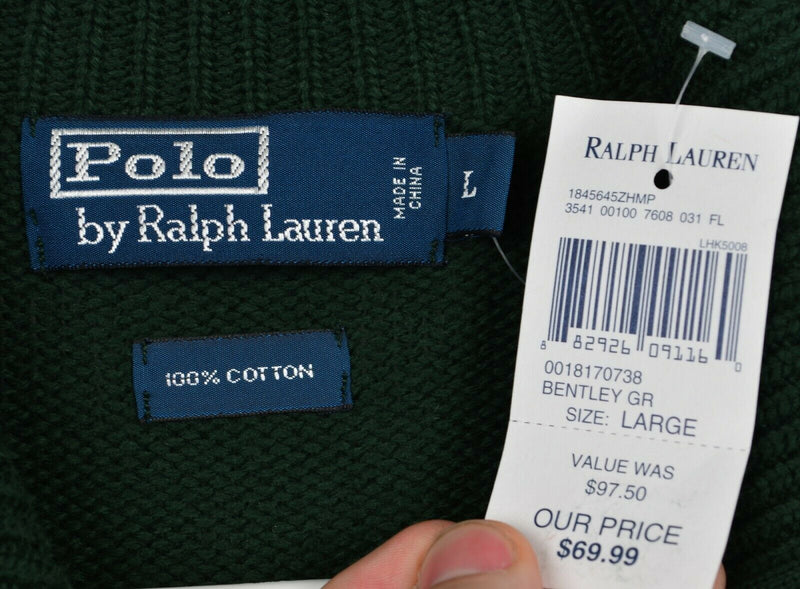 Polo Ralph Lauren Men's Large Forest Green 1/4 Zip Ribbed Pullover Sweater