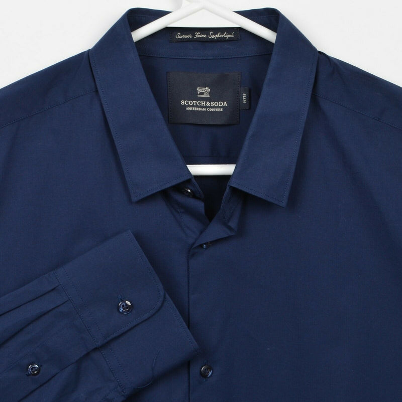 Scotch & Soda Men Large Slim Fit Solid Navy Blue Cotton Blend Button-Front Shirt
