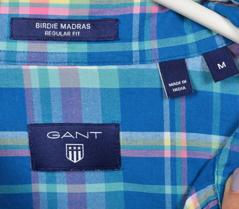 GANT Men's Medium Regular Fit Birdie Madras Blue Pink Plaid Button-Down Shirt