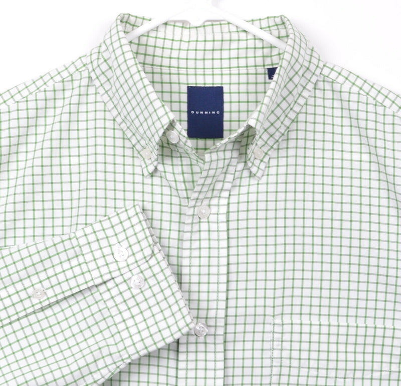 Dunning Men's Sz Large Green White Plaid Check CoolMax Polyester Dress Shirt