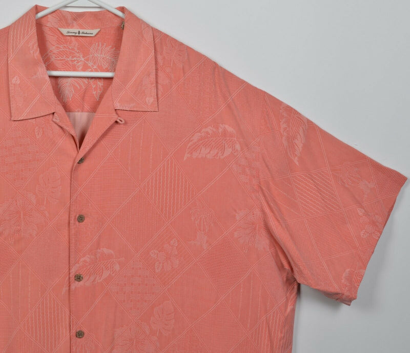 Tommy Bahama Men's 2XL 100% Silk Salmon Pink Textured Floral Hawaiian Shirt