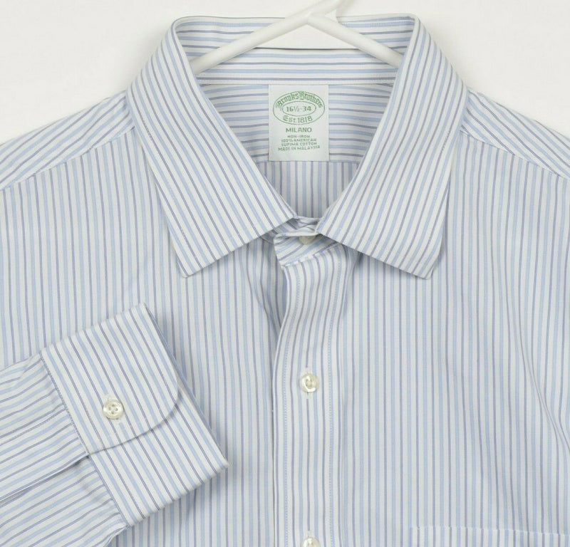 Brooks Brothers Men's 16.5/34 Blue White Striped Non-Iron Milano Dress Shirt