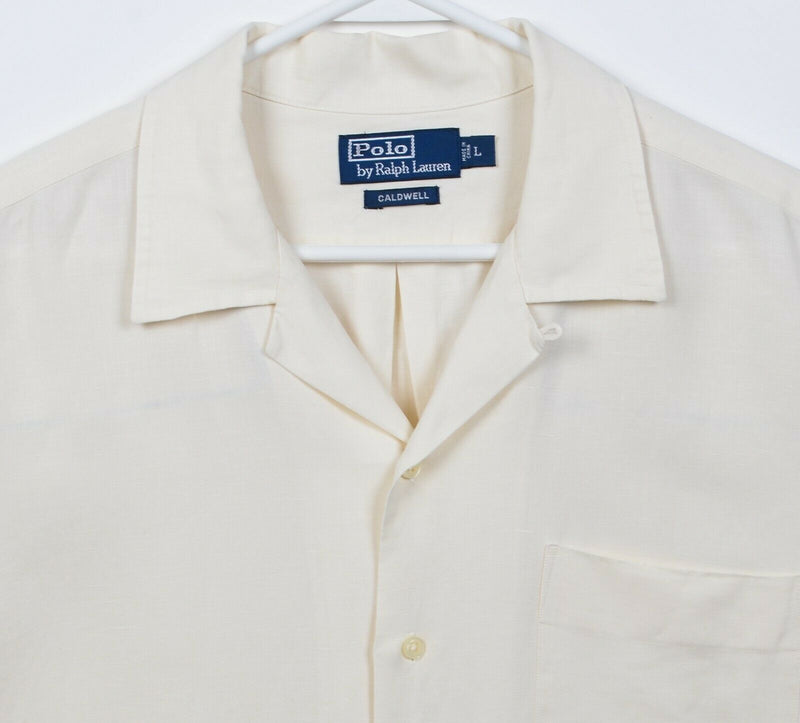 Polo Ralph Lauren Men's Large Linen Silk Blend Ivory Caldwell Loop Collar Shirt