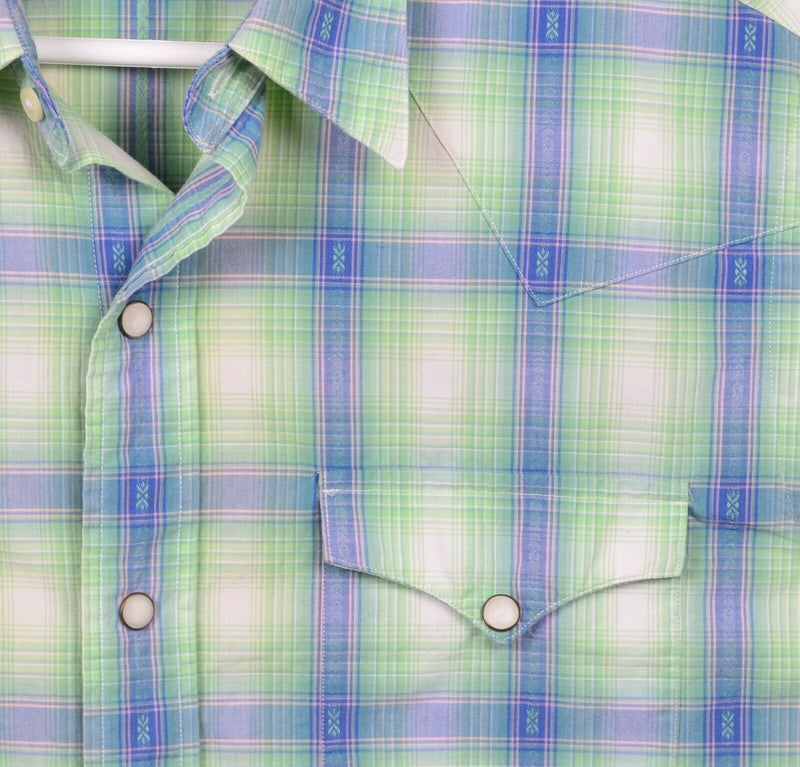 Polo Ralph Lauren Men's Medium Pearl Snap Green Blue Pink Plaid Western Shirt