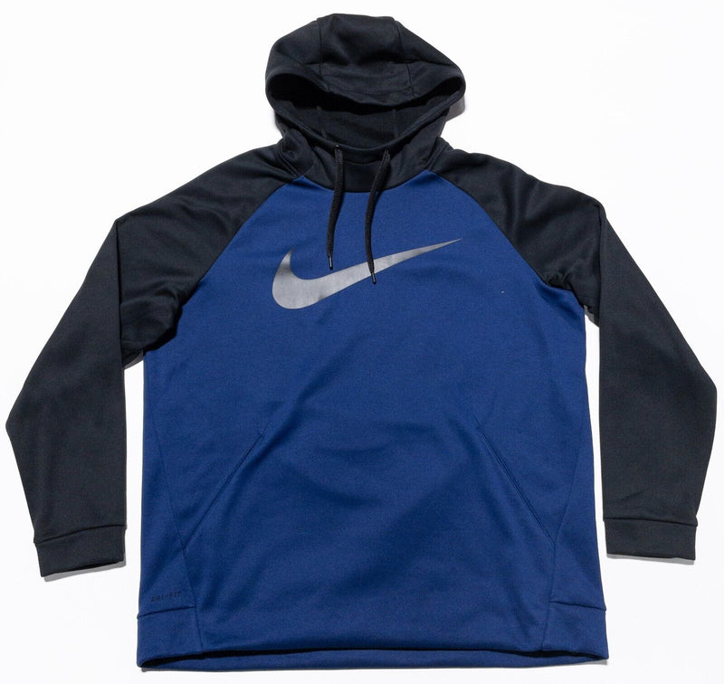 Nike Hoodie Men's XL Swoosh Big Logo Blue Black Pullover Sweatshirt Dri-Fit