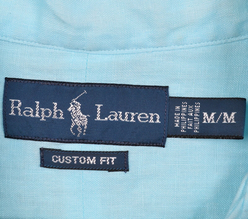 Polo Ralph Lauren Men's Medium 100% Linen Solid Aqua Blue Button-Down Shirt