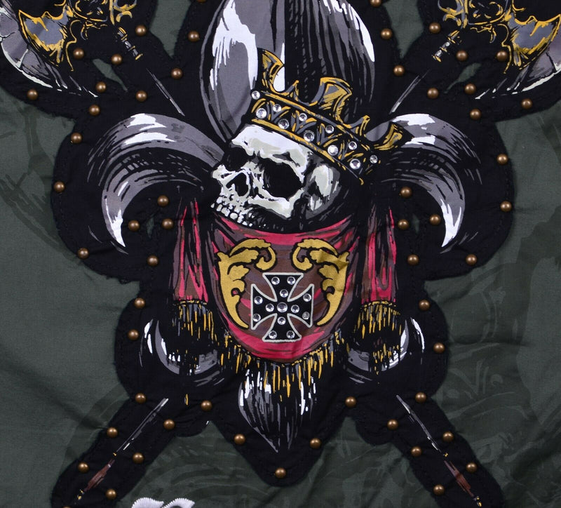 Rebel Spirit Men's Large Skull Flip Cuff Royal Way Embroidered Green Shirt