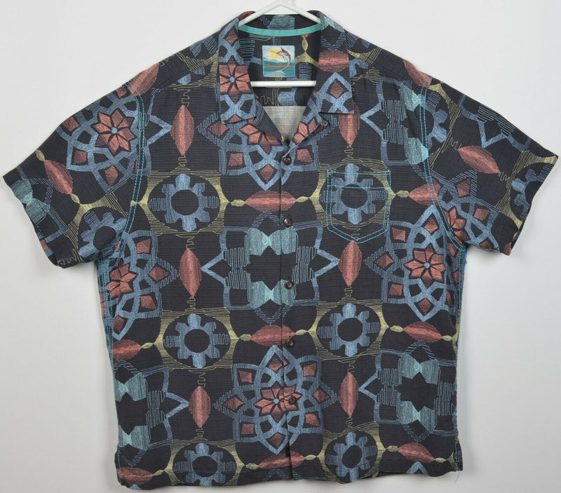 Tommy Bahama Men's XL 100% Silk Black Kaleidoscope Geometric Hawaiian Shirt
