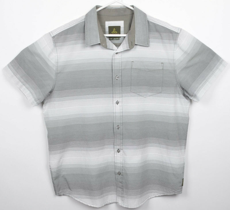 Prana Men's Large Gray Striped Organic Cotton Polyester Blend Button-Front Shirt