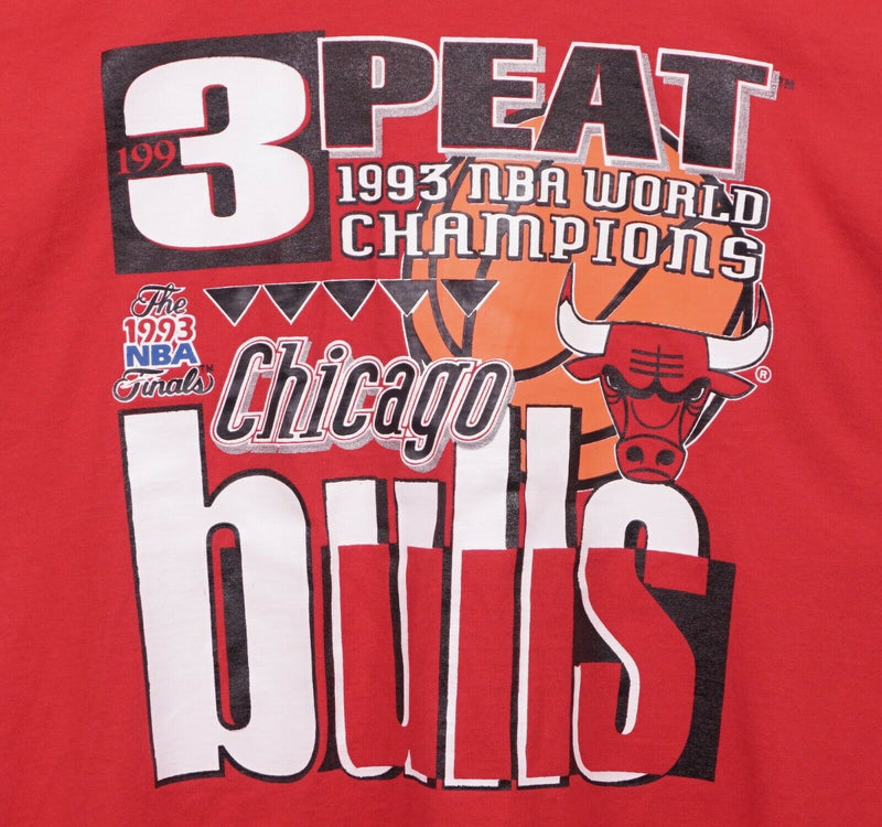 Vtg 1993 Chicago Bulls Men's Large 3 Peat NBA Champs Red Graphic T-Shirt