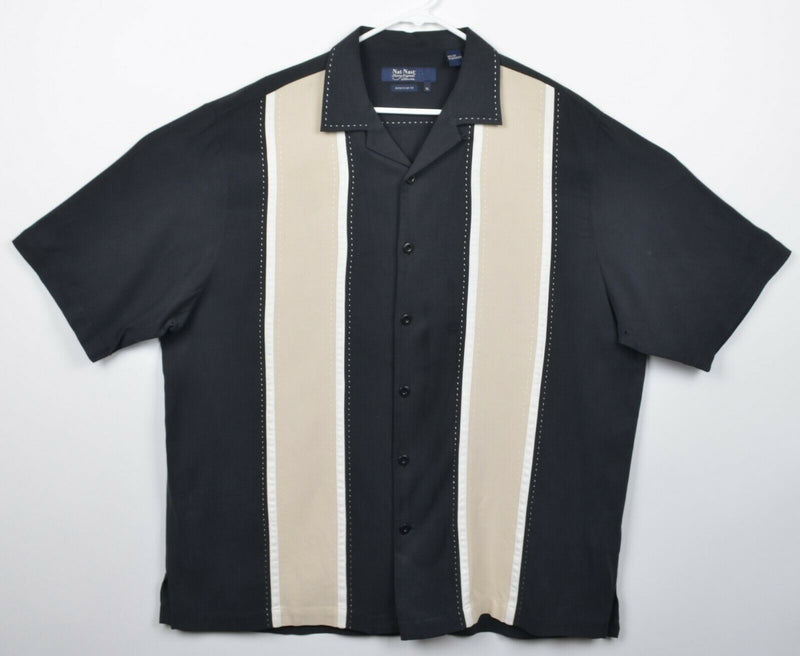 Nat Nast Men's Sz XL American Fit 100% Silk Black Tan Stripe Panel Bowling Shirt