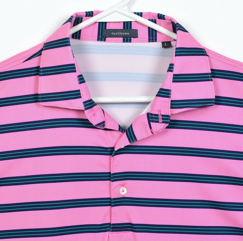 Turtleson Golf Men's Large Pink Navy Blue Green Striped Wicking Golf Polo Shirt