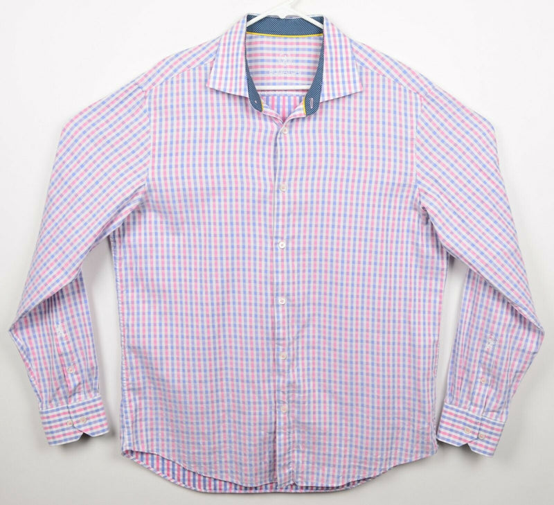 Bugatchi Uomo Men's 17.5 36/37 XL Flip Cuff Pink Blue Plaid Check Dress Shirt