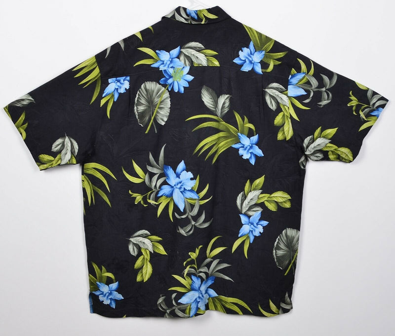 Tommy Bahama Men's Large 100% Silk Black Blue Green Floral Hawaiian Aloha Shirt