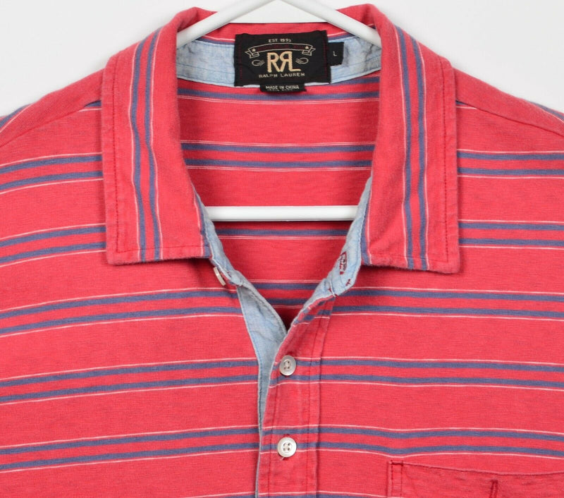 RRL Ralph Lauren Men's Large Pink/Red Striped Double RL Pocket Polo Shirt