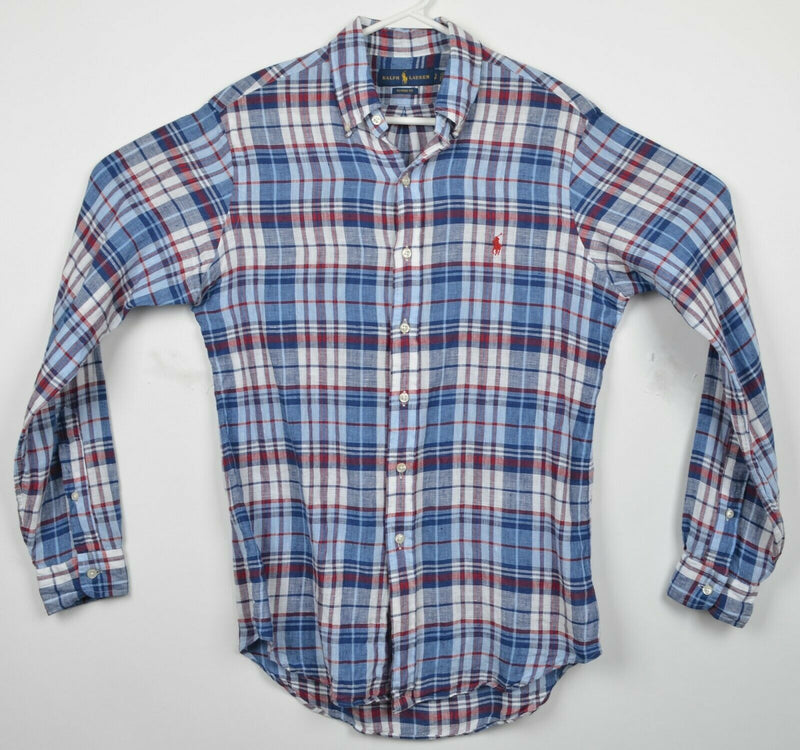Polo Ralph Lauren Men's Small 100% Linen Blue Red Plaid Button-Down Shirt