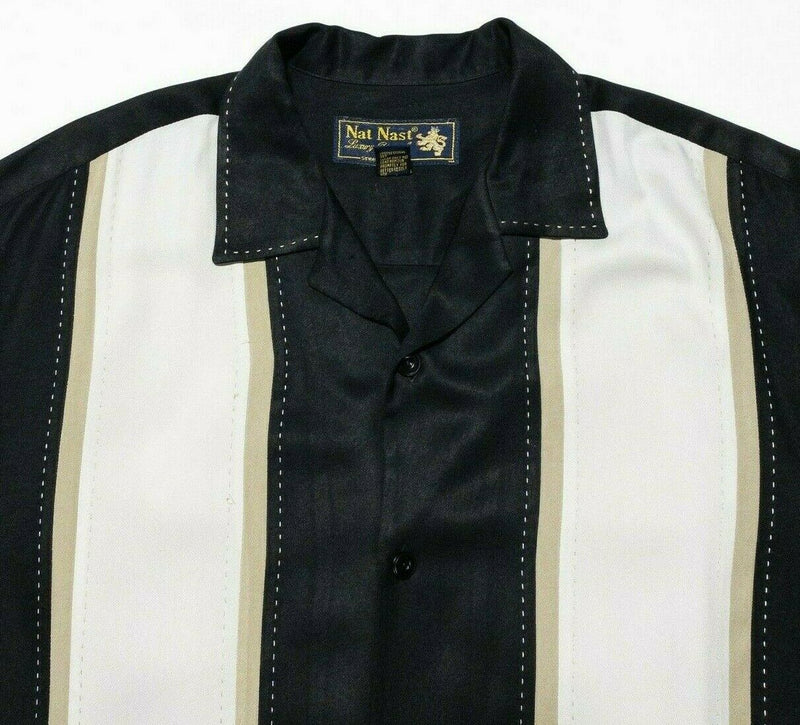 Nat Nast Medium Silk Shirt Panel Striped Bowling Retro Hawaiian Black Luxury