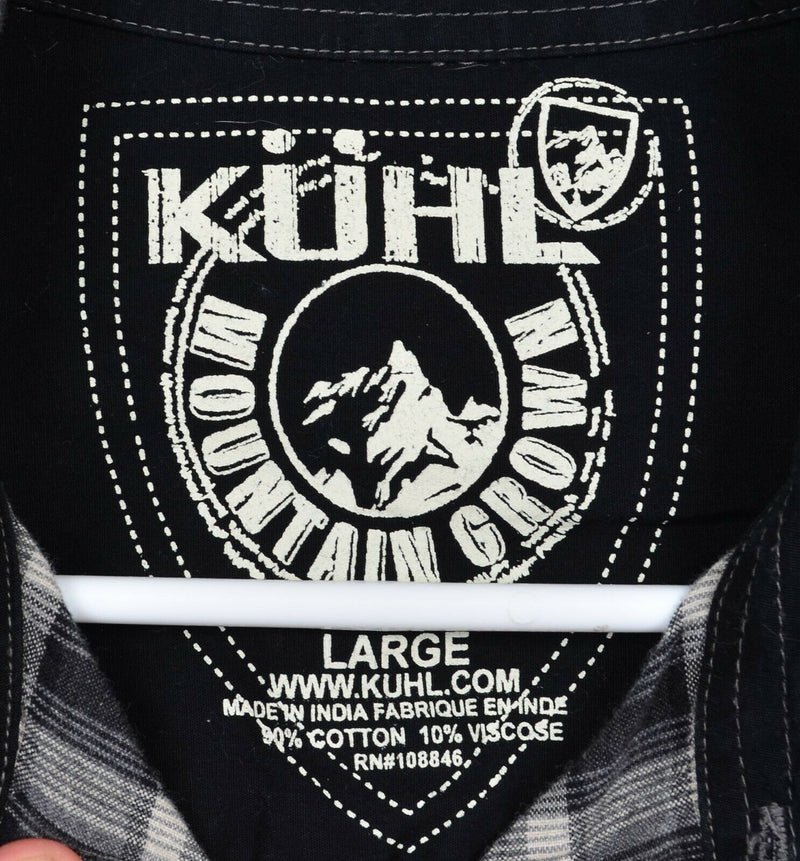 Kuhl Men's Large Gray Black Plaid Flip Cuff Metal Buttons Hiking Flannel Shirt