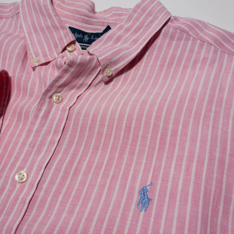 Polo Ralph Lauren 100% Linen Pink Striped Button-Down Shirt Men 2XL Classic Fit