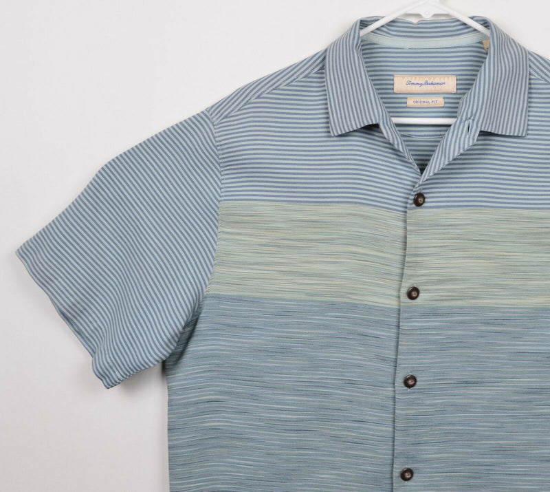 Tommy Bahama Men's Sz Large 100% Silk Blue Green Striped Hawaiian Aloha Shirt