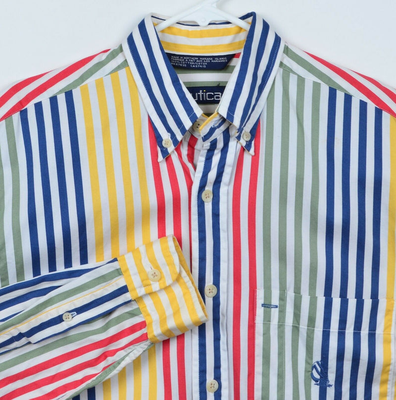 Vtg 90s Nautica Men's Sz Small Colorblock Red Yellow Striped Button-Down Shirt