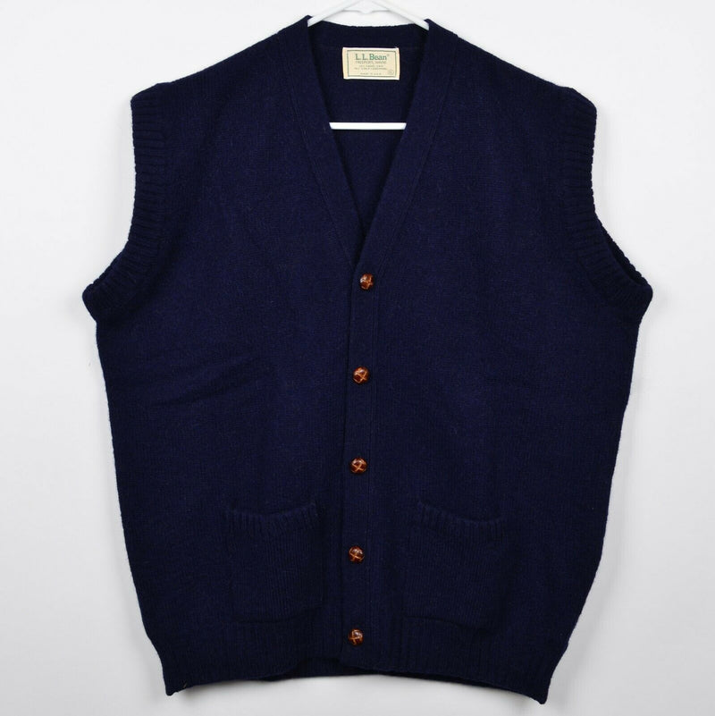 Vintage L.L. Bean Men's XL Camel Hair Lambswool Navy Blue Cardigan Sweater Vest