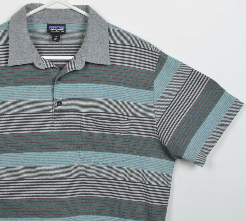 Patagonia Men's Medium Squeaky Clean Gray Blue Green Striped Polo Shirt 52776