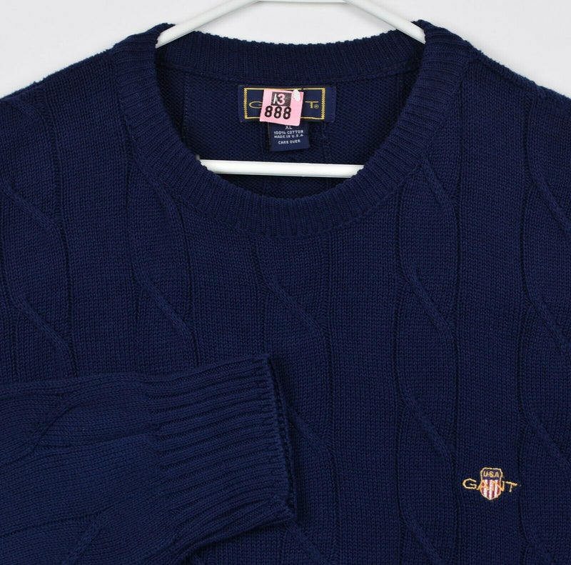 Vintage GANT Men's XL Navy Blue Cable-Knit Crew Neck Logo Pullover Sweater