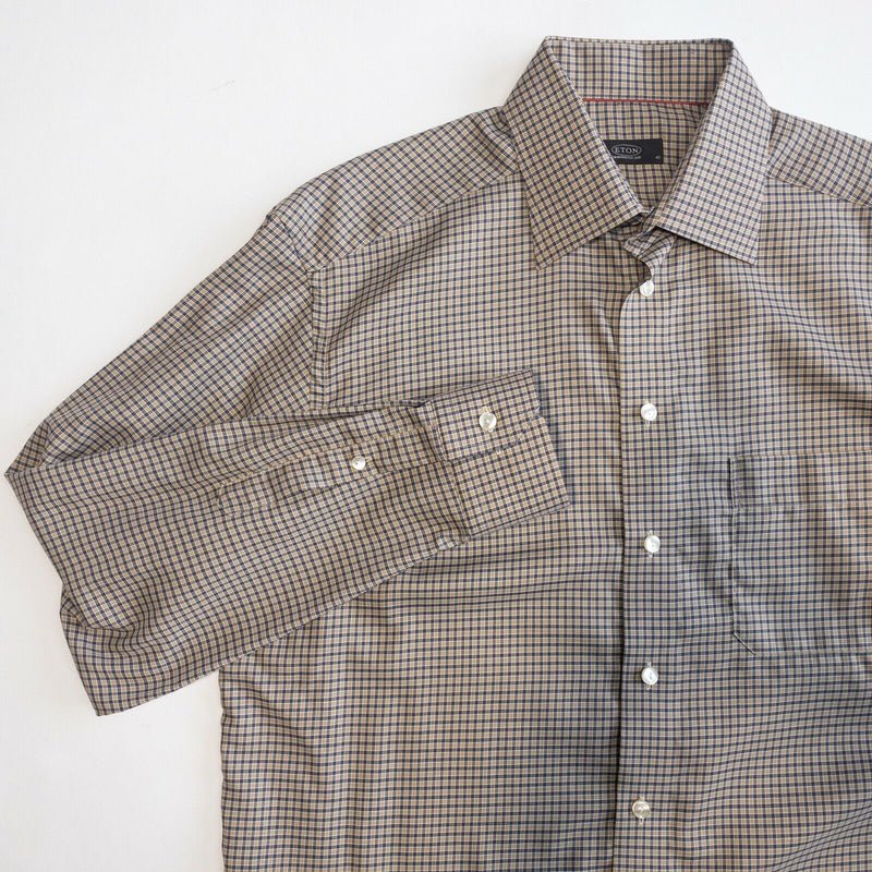 ETON Men's 16.5/42 (Large) Brown Navy Blue Plaid Check Button-Front Dress Shirt