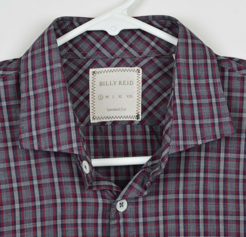 Billy Reid Men's Small Standard Cut Red Navy Gray Plaid Long Sleeve Shirt