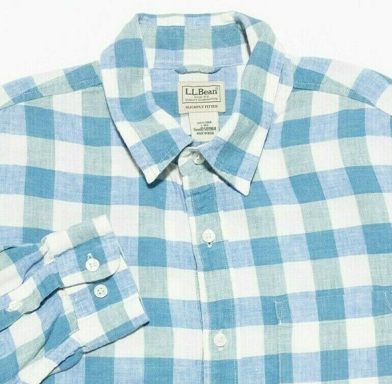 L.L. Bean Linen Shirt Blue Green Buffalo Check Plaid Long Sleeve Men's Large