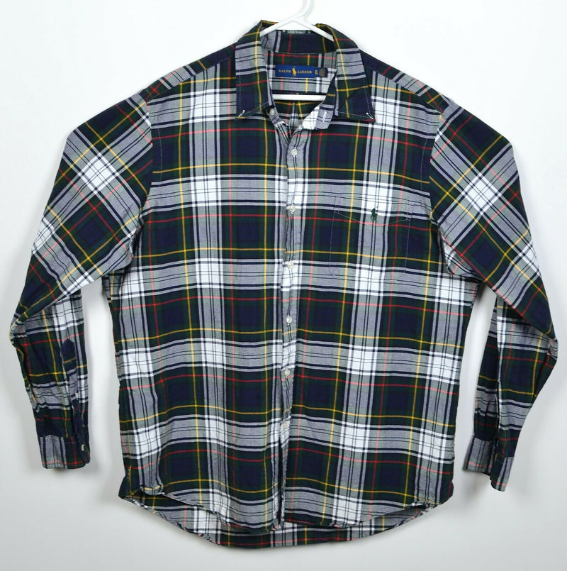 Polo Ralph Lauren Men's XL Navy Blue Green Tartan Plaid Pony Button-Down Shirt