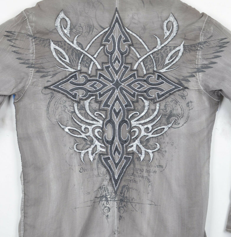 Roar Men's Large Embroidered Cross Wings Tribal Gray Distressed Noble Shirt