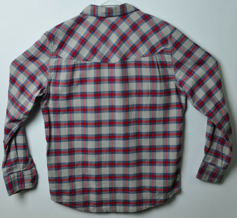 Stio Men's Small Flannel Gray Red Blue Plaid Hiking Outdoor Miter Flannel Shirt