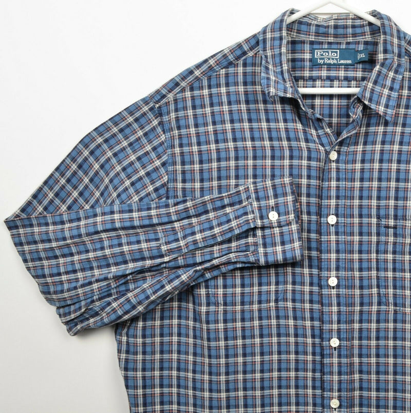 Polo Ralph Lauren Men's XL Linen Cotton Blend Blue Plaid Button-Front Shirt