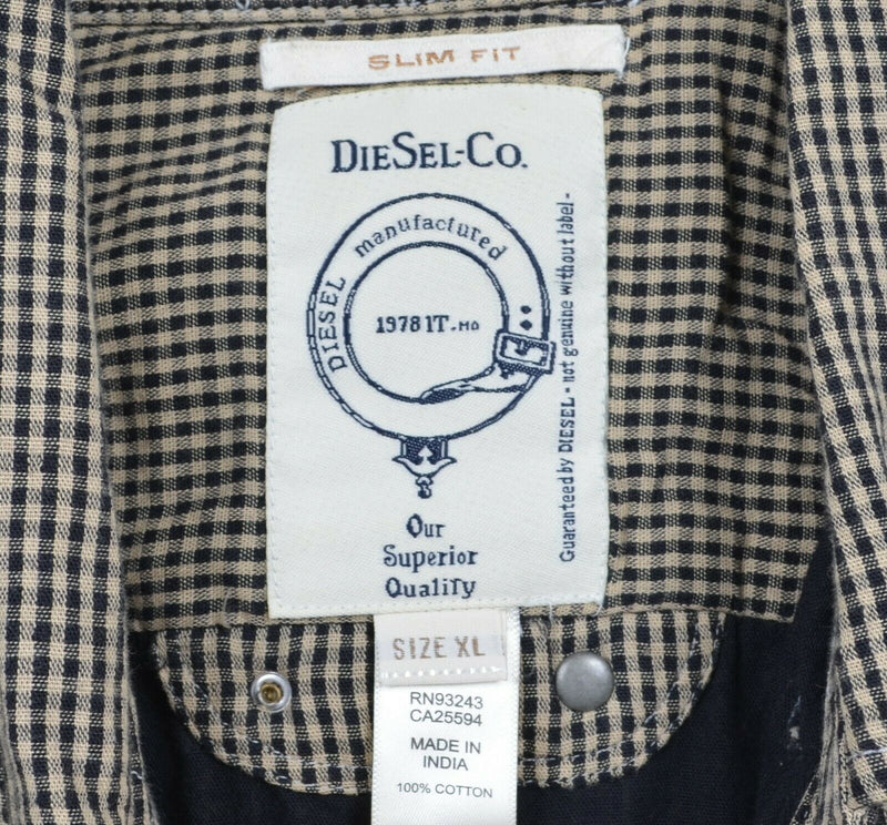 Diesel Co. Men's XL Slim Fit Tan Black Check Designer Button-Front Flannel Shirt