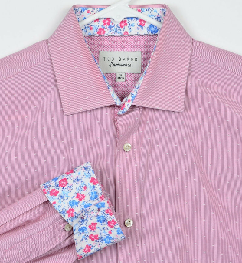 Ted Baker Men's 16 34/35 Flip Cuff Floral Pink Striped Endurance Dress Shirt