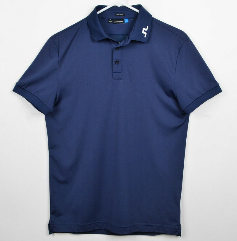 J. Lindeberg Men Sz Small Regular Fit Logo Collar Navy Blue Golf TX Jersey Shirt