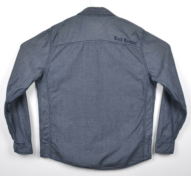 Rock Revival Men's Sz XL Gray/Blue Embroidered Long Sleeve Button-Front Shirt