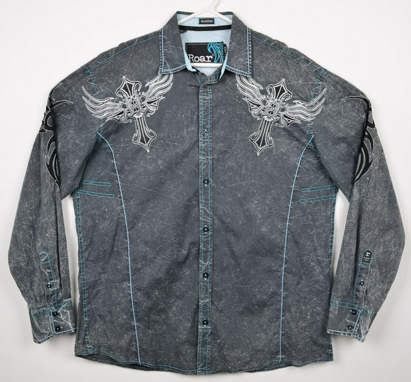 Roar Signature Men's XL Winged Cross Tribal Gray Distressed Button-Front Shirt