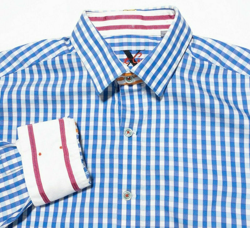 Robert Graham X Shirt Men's Medium Blue Check Flip Cuff Red Ribbon Long Sleeve