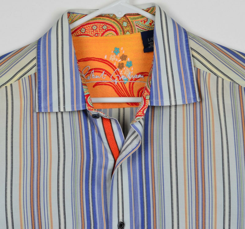 Robert Graham Men's Large Flip Cuff Blue Orange Stripe Paisley Casual Shirt