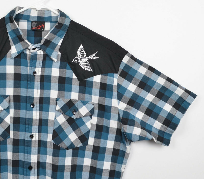 Steady Clothing Men's Sz XL Rock Steady Embroidered Bird Plaid Rockabilly Shirt