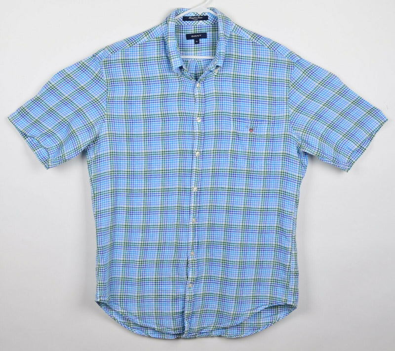 GANT Men's Sz XL Hampton Linen E-Z Fit Blue Green Plaid Check Shirt