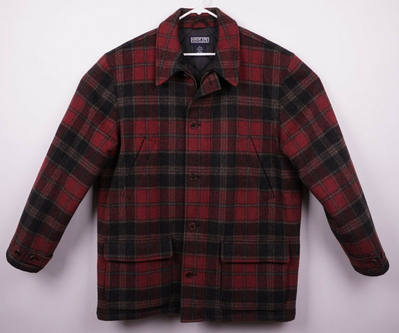 Lands End Men's XL Wool Quilt Lined ThermoLite Active Red Plaid Full Zip Coat