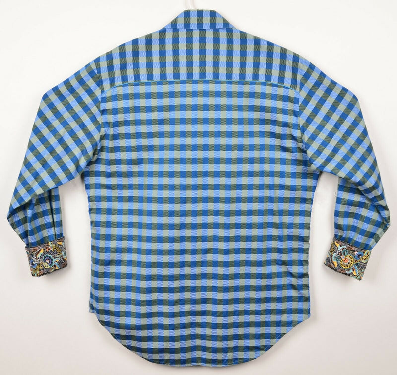 Robert Graham Men's Medium Flip Cuff Green Blue Plaid Paisley Designer Shirt