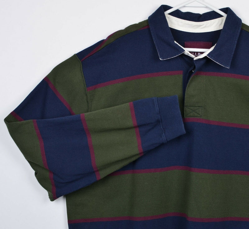 LL Bean Men's 2XL Green Navy Blue Chunky Stripe Rugby Polo Shirt