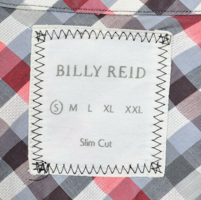 Billy Reid Men's Small Slim Fit Gray Red White Check Designer Button-Front Shirt